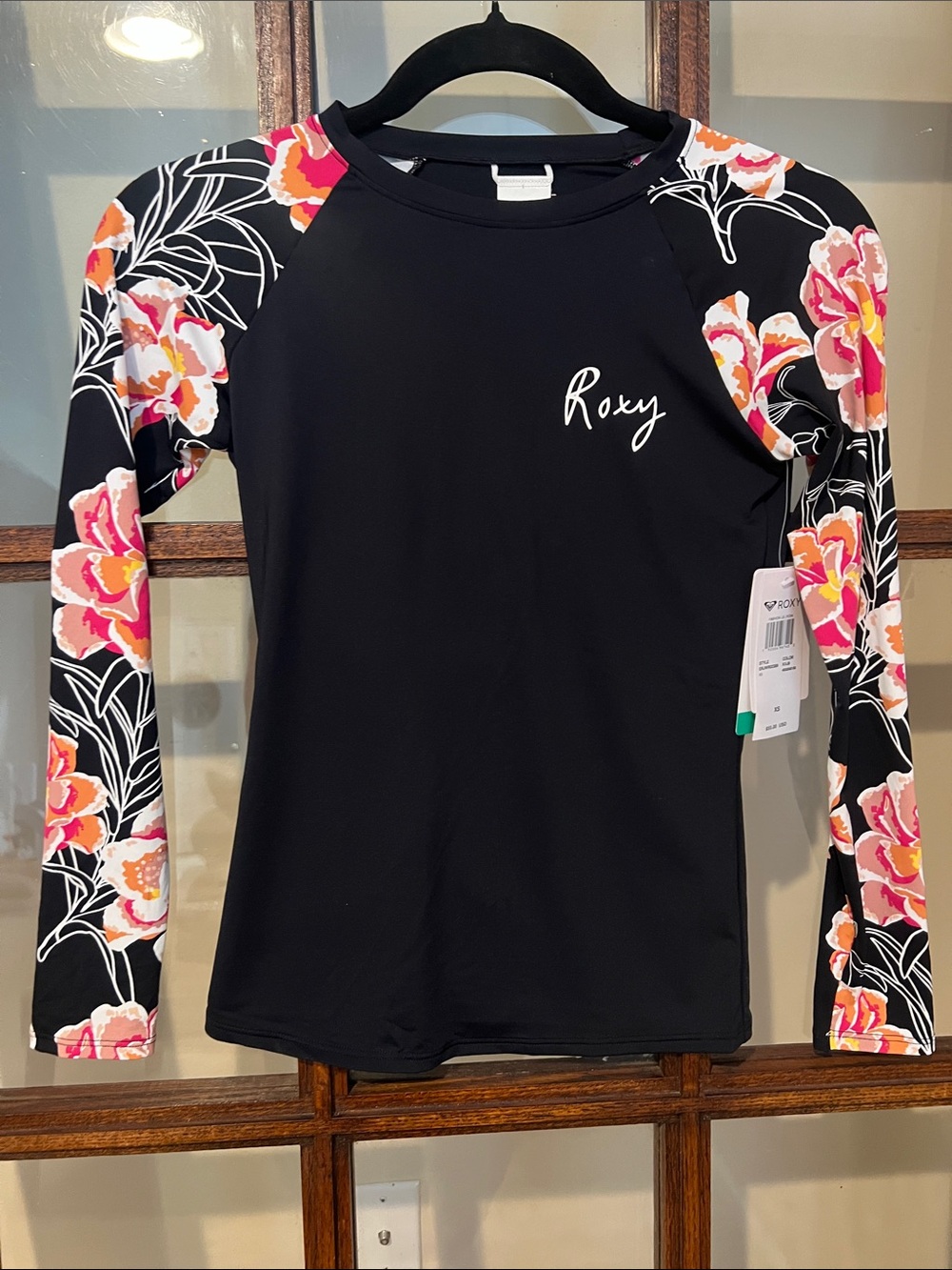 Roxy Black Rash Guard with Pink & Coral Floral Sleeves